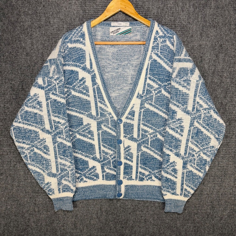 Vintage Uniform Code Mens Large Blue White Geometric Abstract Cardigan Sweater